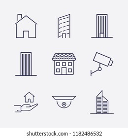 Outline 9 property icon set. security camera, hand with house, building and house vector illustration