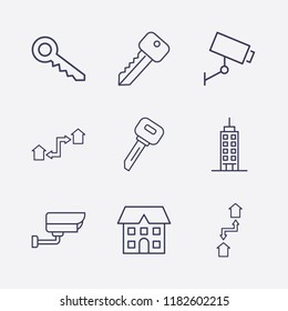 Outline 9 property icon set. security camera, exchange home, building, house and key vector illustration