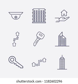 Outline 9 property icon set. key, building, security camera, exchange home and hand with house vector illustration