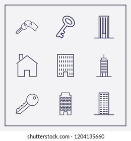 Outline 9 property icon set. building, key and house vector illustration