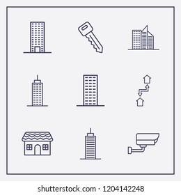 Outline 9 property icon set. exchange home, house, building and security camera vector illustration