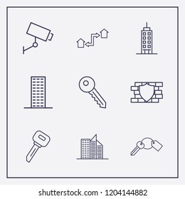 Outline 9 property icon set. building, security camera, security wall and key vector illustration