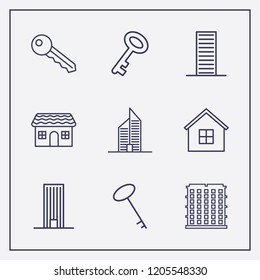 Outline 9 property icon set. key, house and building vector illustration