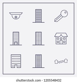 Outline 9 property icon set. building, security camera, house and key vector illustration