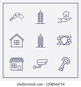 Outline 9 property icon set. house, hand with house, security camera and building vector illustration
