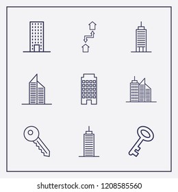 Outline 9 property icon set. exchange home, key and building vector illustration