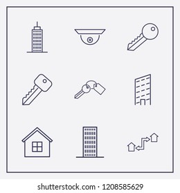 Outline 9 property icon set. house, security camera, exchange home and key vector illustration