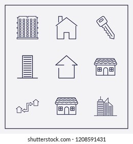 Outline 9 property icon set. building, exchange home, home and house vector illustration