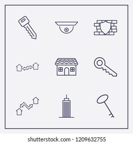 Outline 9 property icon set. building, key, house and security wall vector illustration