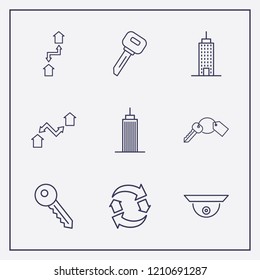 Outline 9 property icon set. key, building, exchange home and security camera vector illustration