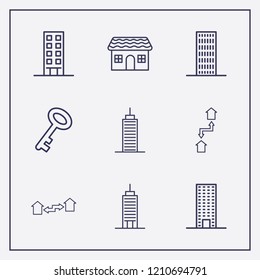 Outline 9 property icon set. exchange home, key, house and building vector illustration