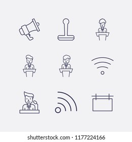 Outline 9 public icon set. stamp, megaphone, wifi, advertising board and speaker on tribune vector illustration