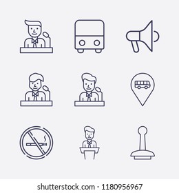 Outline 9 public icon set. megaphone, no smoking, speaker on tribune, stamp, bus and bus location vector illustration