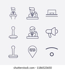 Outline 9 public icon set. bus location, stamp, megaphone, speaker on tribune, bus stop and wifi vector illustration