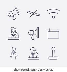 Outline 9 public icon set. megaphone, advertising board, wifi, stamp, speaker on tribune and no smoking vector illustration