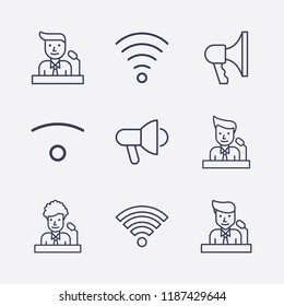 Outline 9 public icon set. speaker on tribune, wi fi signal, wifi and megaphone vector illustration