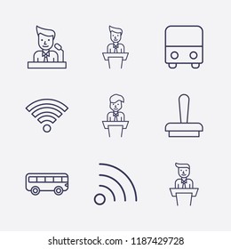 Outline 9 public icon set. wi fi signal, stamp, speaker on tribune, wifi and bus vector illustration