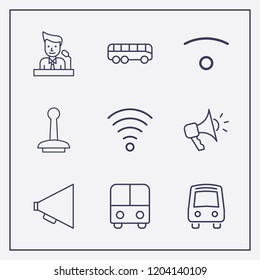 Outline 9 public icon set. megaphone, speaker on tribune, stamp and wifi vector illustration