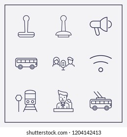 Outline 9 public icon set. bus, speaker on tribune, train stop and trolleybus vector illustration