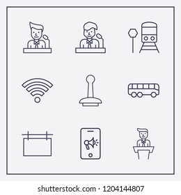 Outline 9 public icon set. bus, advertising board, speaker on tribune and wi fi signal vector illustration