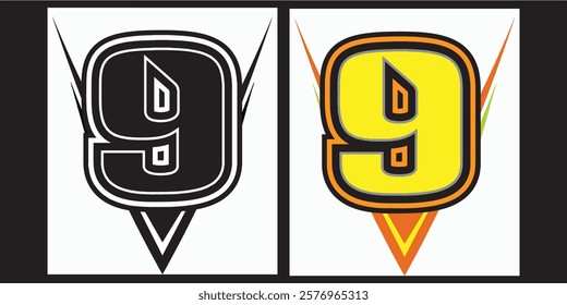 Outline 9 racing number, isolated in black background, for print, t-shirt and business elements.