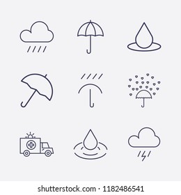 Outline 9 rain icon set. drop, raining, umbrella, ambulance, love rain and storm vector illustration