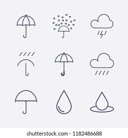 Outline 9 rain icon set. storm, drop, love rain, raining and umbrella vector illustration