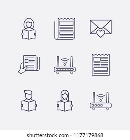 Outline 9 reading icon set. router, newspapers with hand, newspaper, love message and read the book vector illustration