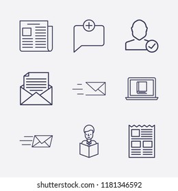 Outline 9 reading icon set. check user, add chat, newspaper, online book reading, mail document, reading a book and send message vector illustration