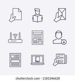 Outline 9 reading icon set. router, read the book, newspapers with hand, download user, newspaper, letter with hand, hand with document and online book reading vector illustration