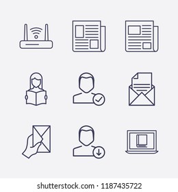 Outline 9 reading icon set. router, newspaper, read the book, download user, letter with hand, check user, mail document and online book reading vector illustration