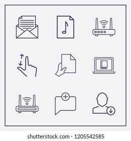 Outline 9 reading icon set. add chat, download user, mail document and hand with document vector illustration