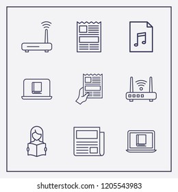 Outline 9 reading icon set. online book reading, document, newspapers with hand and router vector illustration