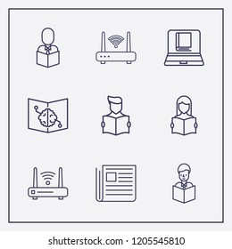 Outline 9 reading icon set. reading a book, book with brain, online book reading and router vector illustration