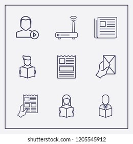 Outline 9 reading icon set. reading a book, newspapers with hand, router and newspaper vector illustration