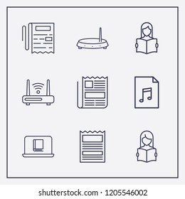 Outline 9 reading icon set. read the book, document, newspaper and router vector illustration