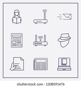 Outline 9 reading icon set. read the book, router, send message and newspaper vector illustration