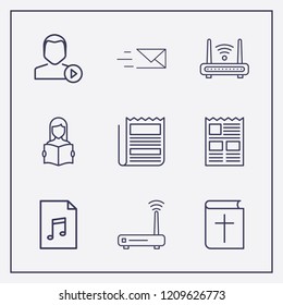 Outline 9 reading icon set. read the book, router, bible and send message vector illustration