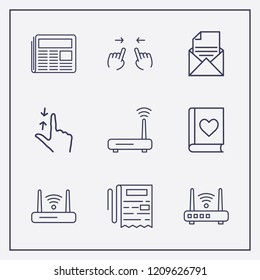 Outline 9 reading icon set. favorite book, mail document, hand scroll and router vector illustration