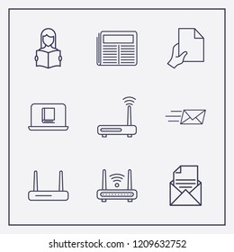 Outline 9 reading icon set. send message, hand with document, router and online book reading vector illustration