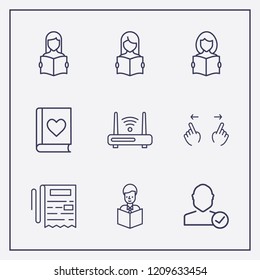 Outline 9 reading icon set. newspaper, hand scroll, read the book and router vector illustration