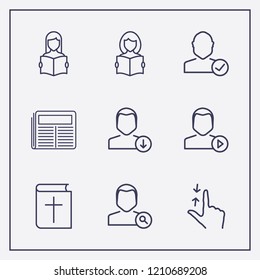 Outline 9 reading icon set. user play, bible, download user and hand scroll vector illustration