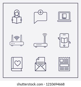 Outline 9 reading icon set. newspaper, mail document, add chat and smartphone learning vector illustration