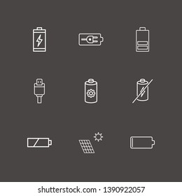 Outline 9 recharge icon set. forbidden battery, solar battery, battery and usb plug vector illustration