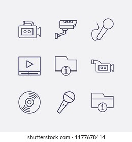 Outline 9 record icon set. security camera, media player, information folder, microphone, video camera and cd vector illustration