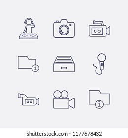 Outline 9 record icon set. camera, information folder, document box, microphone, video camera and dj vector illustration