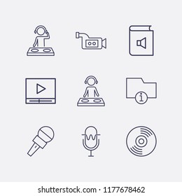 Outline 9 record icon set. microphone, information folder, dj, cd, media player, video camera and book sound vector illustration