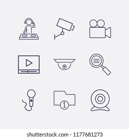 Outline 9 record icon set. media player, search list, information folder, web camera, microphone, security camera, video camera and dj vector illustration