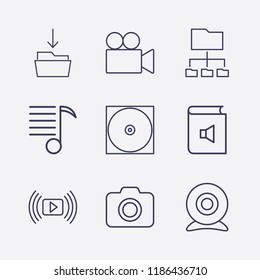 Outline 9 record icon set. download in folder, book sound, media player, camera, connected folder, web camera, video camera, melody list and cd vector illustration