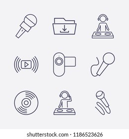 Outline 9 record icon set. download folder, microphone, dj, video camera, media player and cd vector illustration